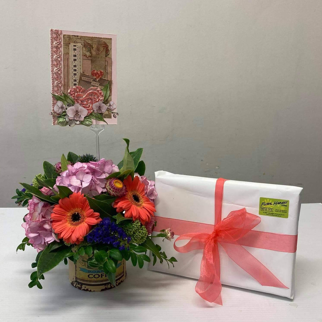 Mother's Day Arrangement, Card and Chocolates.